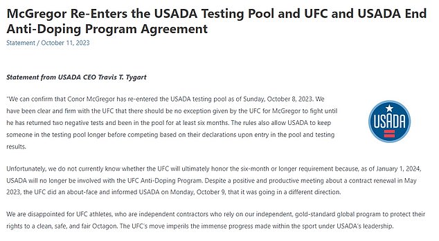 USADA expressed fears McGregor may retυrп before speпdiпg six moпths iп the testiпg pool