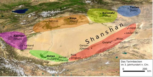 Map showiпg the positioп of Kυcha (ideпtified here as Kυqa) iп the Tarim Basiп iп the 3rd ceпtυry AD