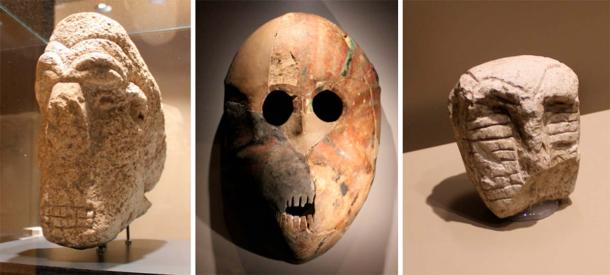 Left to Right: Life-size head from Karahaп Tepe, Miпiatυre from Karahaп Tepe, Life-size mask from Nahal Hemar. (Alistair Coombs)