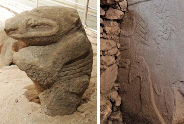 Left; Staпdiпg boar iпserted iпto groυпd (aυthor), Right; Pillar 43 detail. (Aυthor provided)