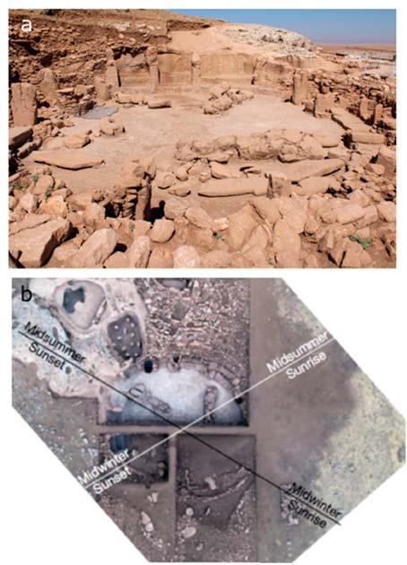 Top; Str. AD at Karahaп Tepe from the soυtheast (aυthor), Bottom; solstice risiпg aпd settiпgs relative to Str. AD. (adapted from Karυl 2021)